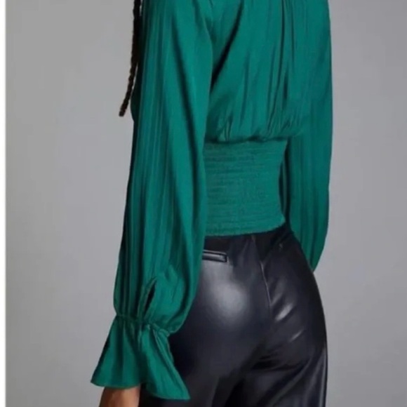 Anthropologie Emerald Green Satin Puff Sleeve Blouse - Picture 4 of 5
